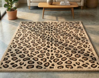 Modern Black Beige Leopard Print Hand Tufted Wool 8x10 Area Rug For Living Room, Abstract 7x10 Animal Pattern Rug For Bedroom Custom 4x6 Rug