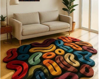 Tappeti irregolari 3D con motivo a onde colorate, trapuntati a mano in lana, 8x10, per soggiorno, tappeti moderni 5x8 neri contemporanei per camera da letto.