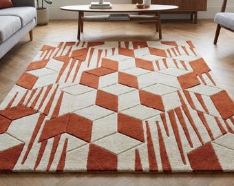 Modern Burnt Orange White Geometric Hand Tufted Wool 7x9 8x10 Area Rug For Living Room, Abstract Cube Design 5x8 6x8 Area Rug For Bedroom