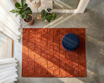 Modern Burnt Orange Geometric 3D Cube Design Handmade Wool 5x8 Area Rug For Living Room, Abstract 8x10 High Low Orange Rug For Bedroom, 9x12