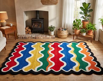 Modern 3D Colorful Wave Pattern Hand Tufted Wool 5x7 Area Rug For Living Room, Abstract Scalloped 8x10 Black Retro Rugs for Bedroom, 12x15