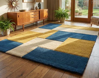 Modern Blue Mustard & Cream Geometric Hand Tufted Wool 8x10 Area Rug For Living Room, Mid Century Abstract Block Design 6x9 Rug For Bedroom