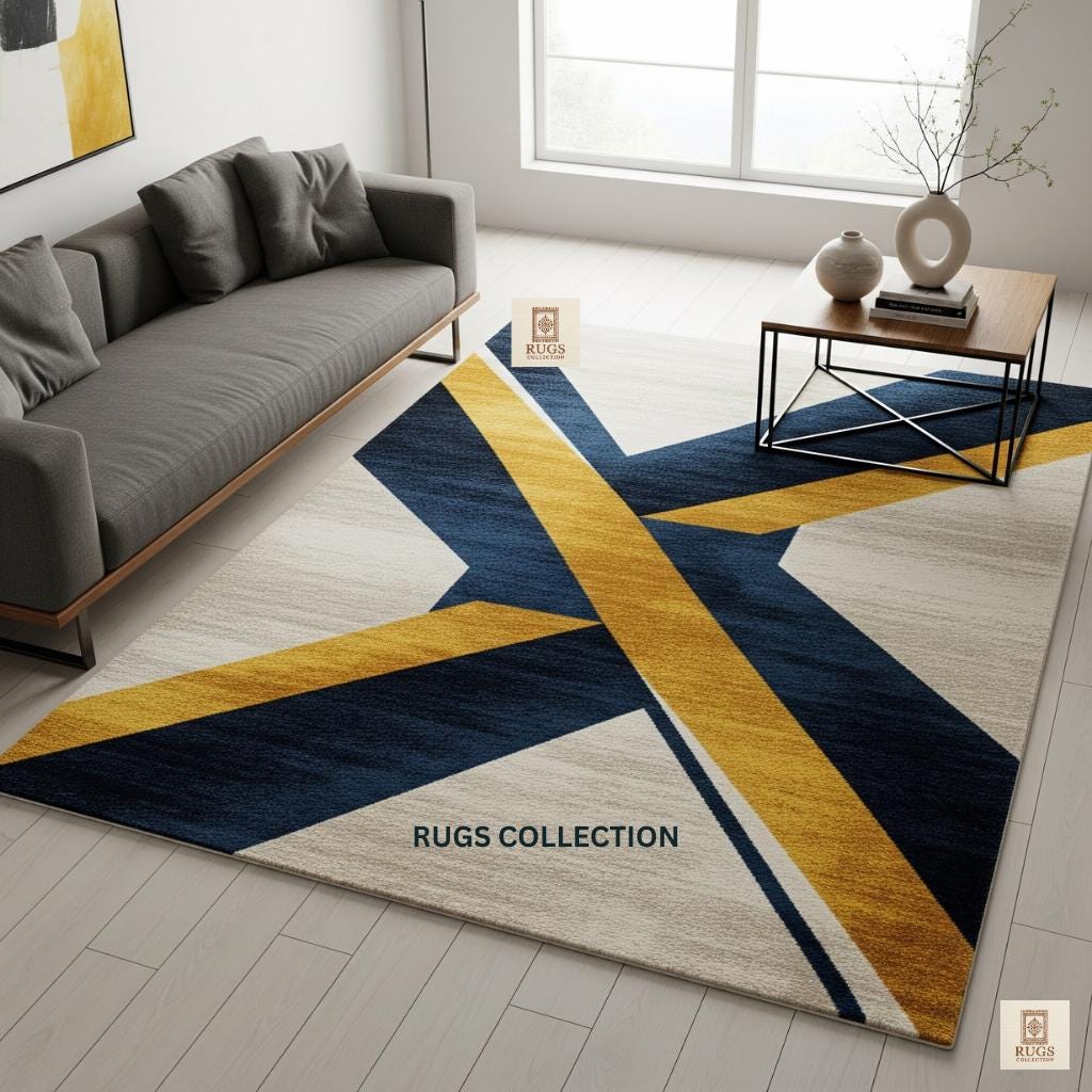 Modern Mustard Navy Blue Hand Tufted Geometric 8x10 Wool Area Rug for ...