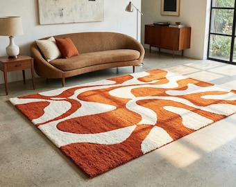 Modern Burnt Orange Wave Pattern Hand Tufted Wool 8x10 Area Rug For Living Room, Irregular 5x7 Wavy Mid Century Orange Area Rug For Bedroom