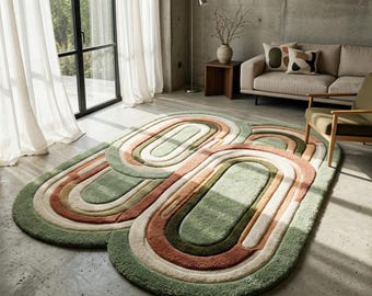 Irregular Sage Green Orange Wave Pattern Hand Tufted Wool 5x7 Area Rug For Living Room, Abstract 8x10 Wavy Rug For Bedroom, Custom 12x15 Rug