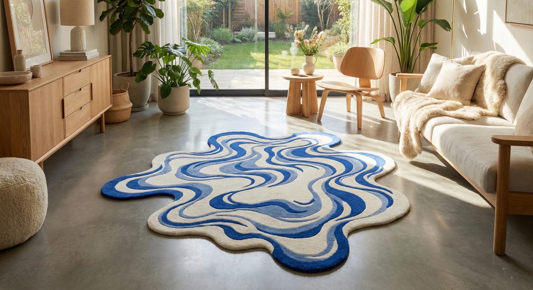 Modern Blue Wave Pattern Hand Tufted Wool 5x7 Area Rug for Living Room ...