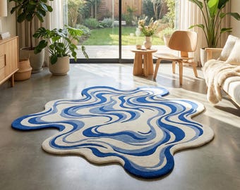 Modern Blue Wave Pattern Hand Tufted Wool 5x7 Area Rug For Living Room, Irregular 8x10 3D Bedroom Rug, Custom 4x6 Wavy Melting Kitchen Rug