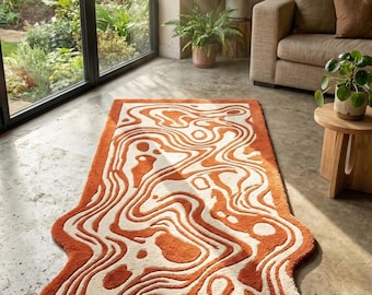 Modern Orange Beige 3D Melting Hand Tufted Wool 7x10 Area Rug For Living Room, Abstract Irregular 5x7 Wavy Bedroom Rug, 8x10 Kitchen Rug,4x6