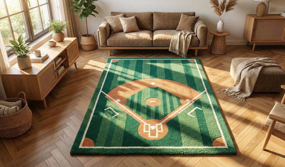 Modern Moss Green White Baseball Field Hand Tufted Wool 5x7 Area Rug ...