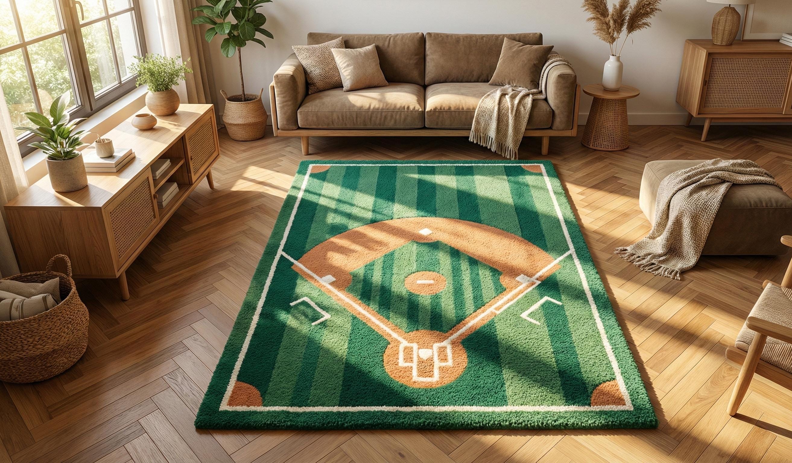 Modern Moss Green White Baseball Field Hand Tufted Wool 5x7 Area Rug ...