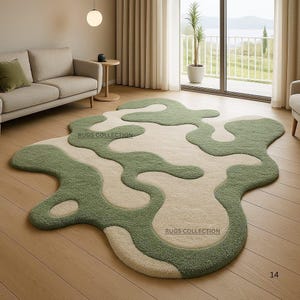 Green Beige Abstract Rug – Organic Hand-Tufted Irregular Shaped Wool Rug for Living Room,Modern Rugs Neutral Earth Tone Modern Floor Decor,