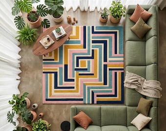 Modern Multicolor 3D Geometric Hand Tufted Wool 8x10 Area Rug For Bedroom, Abstract Pastel Design 5x7 Custom Kitchen Wool Rug, 12x15 Kid Rug