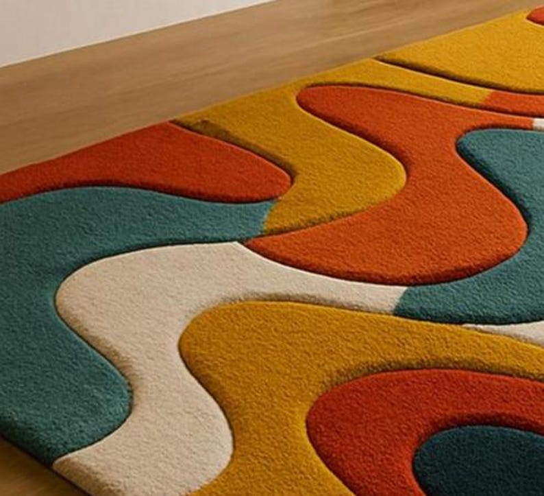 Moevment Rugs Abstract 3D Wavy Rug Modern Mid-century Orange Yellow Teal Area Rug ...