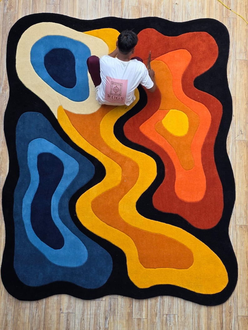 Modern Colorful Wavy Sculptural Handmade Irregular Shape 8x10 Wool Area ...