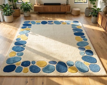 Modern Blue Yellow Pebble Design Handmade Wool 8x10 Area Rug For Living Room, Abstract 3D 5x7 Area Rug For Bedroom, Custom 9x12 Kitchen Rug