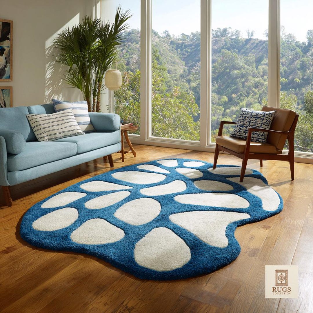 Hand Tufted Wool Area Rug, Modern Blue White Pebble Design - Etsy