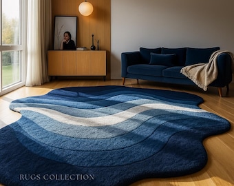 Irregular Deep Blue White Hand Tufted Abstract Layered Wool Rug for Living Room, Modern Textured Wavy Design Bedroom Area Rug, Custom Carpet
