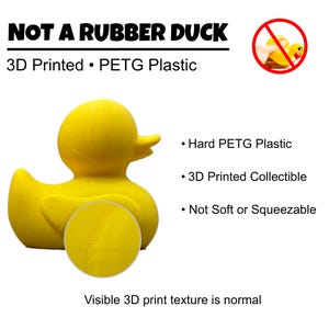 May include: A bright yellow 3D-printed duck made of PETG plastic. The image includes the text "NOT A RUBBER DUCK" and details about the material and printing process. The duck is a collectible item and is not soft or squeezable.