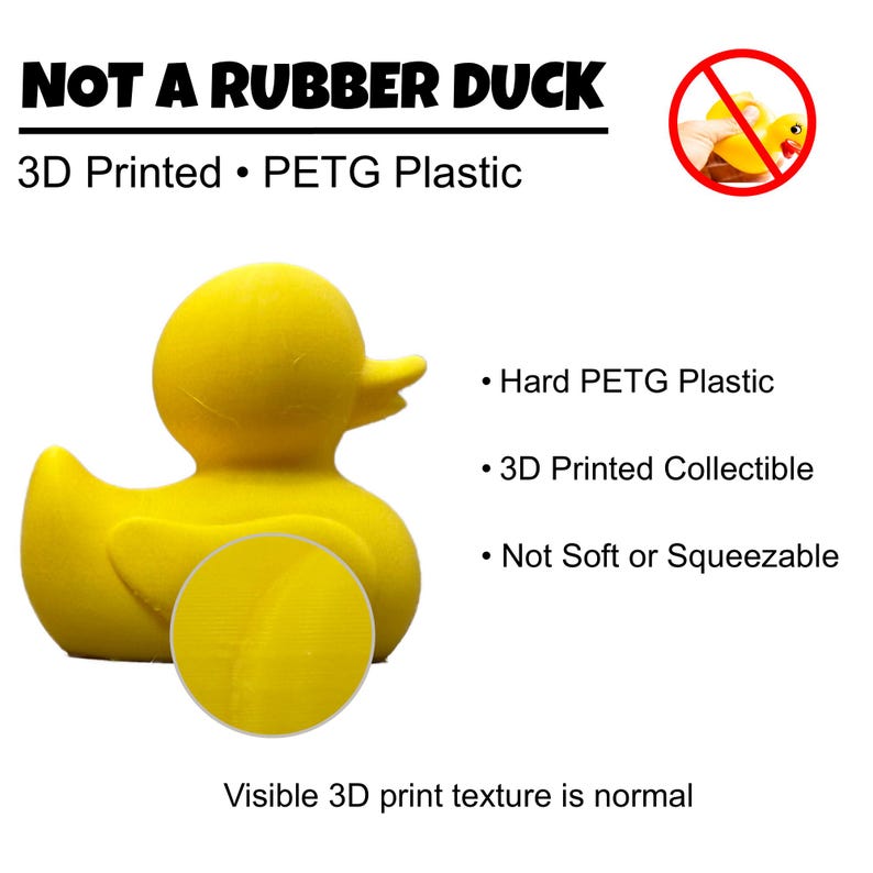 May include: A bright yellow 3D-printed duck made of PETG plastic. The image includes the text "NOT A RUBBER DUCK" and details about the material and printing process. The duck is a collectible item and is not soft or squeezable.