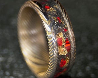 Meteorite Ring, Damascus Steel with Red Opal and 24k Gold Leaf, 8mm