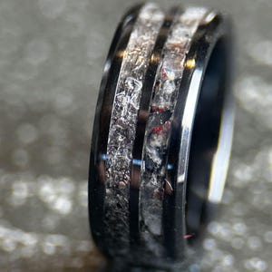 Meteorite & Obsidian Black Ceramic Ring | Unique Men&#39;s Wedding Band | Natural Stone Jewelry | Black Obsidian Ring