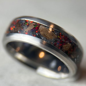 Tungsten Dinosaur Fossil Ring: Meteorite & Opal Inlay
