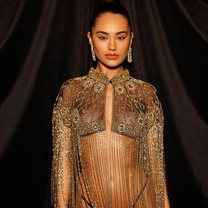 Gold Beaded Fringe Cape, Rhinestone Sequin Shawl, Luxury Embroidered Cape, Festival Rave Outfit, Burlesque Fringe Performance Wear