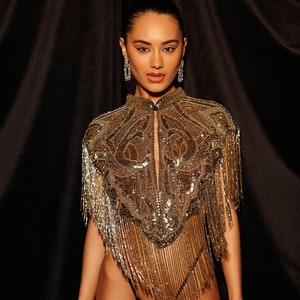 Festival Gold Beaded Fringe Cape, Sequin Shawl, Luxury Embellished Bolero, Gatsby Costume, Burlesque Outfit, Statement Rave Shoulder Cape