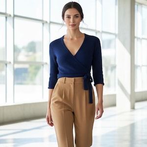 May include: A woman wearing a navy blue wrap sweater with three-quarter sleeves and tan high-waisted trousers. The sweater is tied at the waist. The outfit is in a bright, modern space with large windows.
