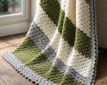 Patrón fácil de manta de bebé a crochet, ideal para principiantes, con rayas (patrón en PDF)