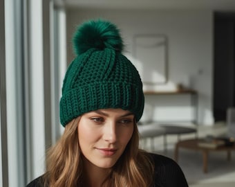 Patrón de gorro de ganchillo fácil en PDF, gorro con pompón, ganchillo para adultos (descarga digital)