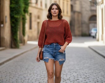 Patrón de suéter de ganchillo en PDF, suéter corto de malla, suéter de verano para mujer