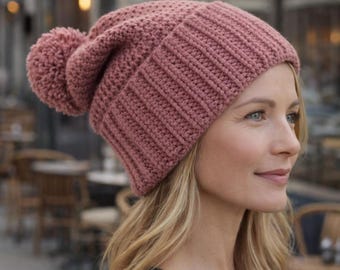 Easy Crochet Beanie Pattern, Pompom Hat PDF, Kids Adult Sizes (Digital Download)