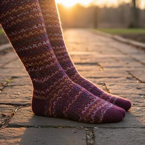 Op de afbeelding: Kniehoge sokken in tinten bordeauxrood, paars en goud, met een textuurgebreid patroon. De sokken worden buiten getoond, met zonlicht op de achtergrond, wat een gezellige, handgemaakte uitstraling suggereert. De sokken zijn een warm, comfortabel accessoire.