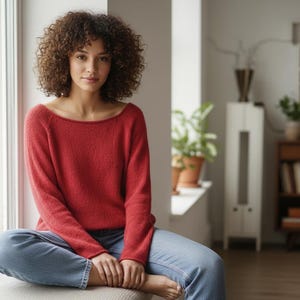 Könnte beinhalten: Ein roter Langarmpullover mit Bootsausschnitt. Die Person trägt eine hellblaue Jeans. Der Raum hat eine neutrale Farbpalette mit Pflanzen und Holzmöbeln. Der Pullover ist in einem leuchtenden Rot gehalten.