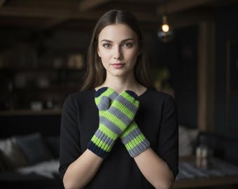 Striped Knit Mittens Pattern Child Women Men PDF