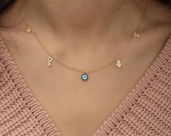 Collar de plata de ley 925 con dije de la suerte detallado / Collar con cuentas de mal de ojo y figuras para mujer