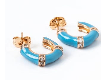 Orecchini in acciaio dorato con dettaglio blu - Orecchini blu - Orecchini da donna - Orecchini in oro - Regalo