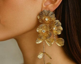 Gold Blumen Ohrringe | Geschichtetes großes Blumen-Design | Sommer Hochzeit und besondere Anlässe Ohrringe - Geburtstag Ohrringe