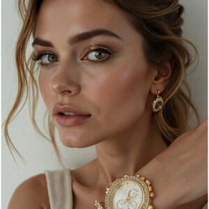 May include: A woman with light skin and green eyes, wearing gold jewelry, including a watch and earrings. The watch has a white face and is encrusted with rhinestones. Her makeup includes gold eyeshadow and a nude lip.
