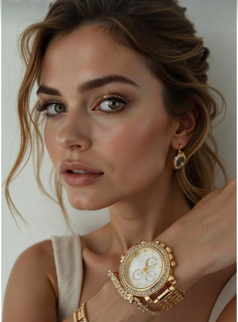 May include: A woman with light skin and green eyes, wearing gold jewelry, including a watch and earrings. The watch has a white face and is encrusted with rhinestones. Her makeup includes gold eyeshadow and a nude lip.