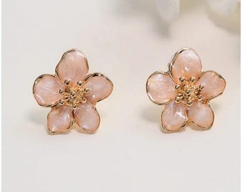Gold Plated Sakura Flower Earrings | Colorful Flower Earrings | Minimalist Elegant Earrings-Elegant Huggie Earrings, Mother's Day Gift