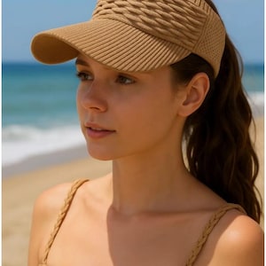 Women&#39;s Summer Knitted Textured Visor Hat - Wide Brim Breathable Sun Visor Hat