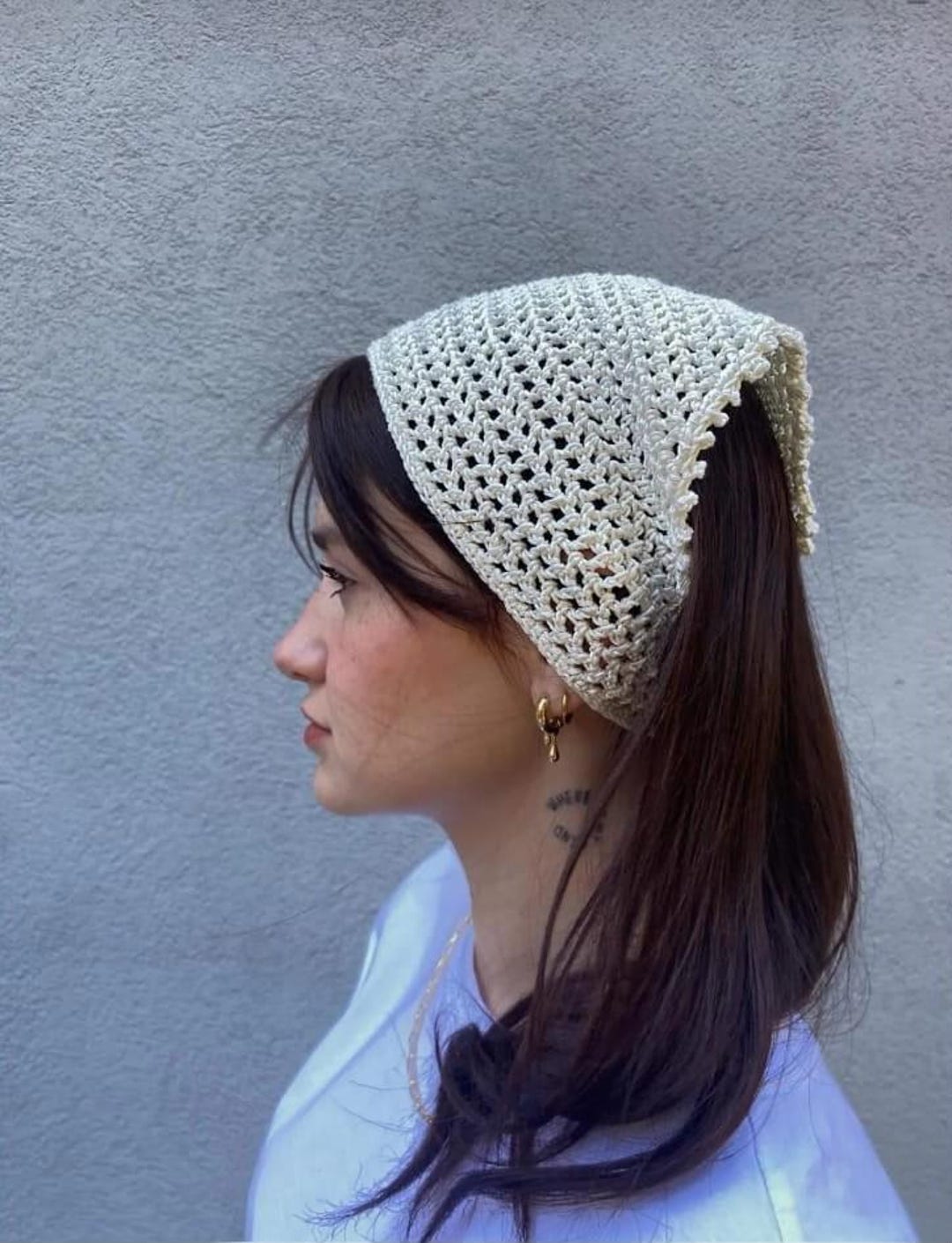Hand-made Crochet  White Mesh Hair Kerchief/Bandana with Tassel Trim Boha Headscarf Pattern PDF | Boho Mesh Bandana Scarf With  main image 2