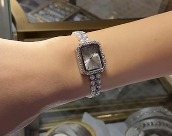 Pearl Strap Square Wristwatch, Elegant Pearl Bracelet Watch for Women, Gift Wristwatch, Stone Detailed Wristwatch