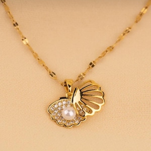 316L Steel Gold Plated Stone Oyster and Pearl Necklace | Elegant Shell Necklace