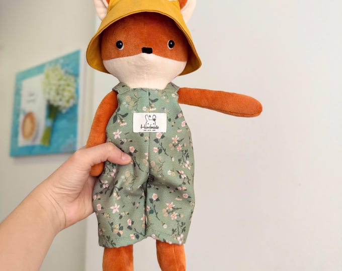 Handmade Fox Doll with Overalls, 13inches, A Special Gift for All Ages, Plush Doll, Rag Doll, Handmade Doll