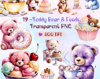 Clipart acquerello di orsacchiotto - Pacchetto PNG di cibo stravagante (download digitale)