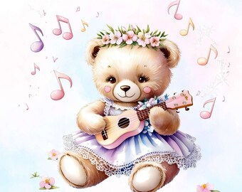 May include: A brown teddy bear wearing a purple and white dress with lace trim and a pink flower crown plays a pink ukulele. Musical notes float around the bear.