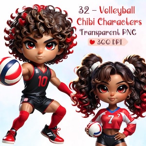 32 Volleyball Chibi Characters PNG – Cute Volleyball Player Clipart Bundle – Anime Sports Graphics, Athlete Chibi Girls Boys, Commercial Use